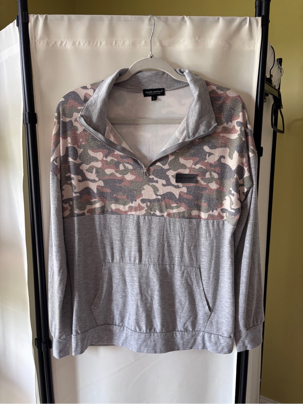 Simply Southern Grey Pullover with Brown and Olive Camo Yoke